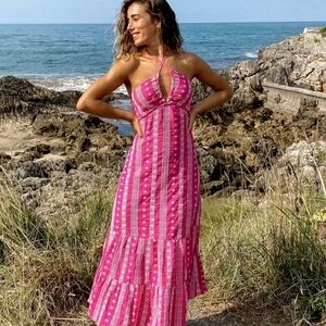 Zara Fushia Floral Maxi Dress Boho Embroided  Halter Neck Summer Cutwork Size M
